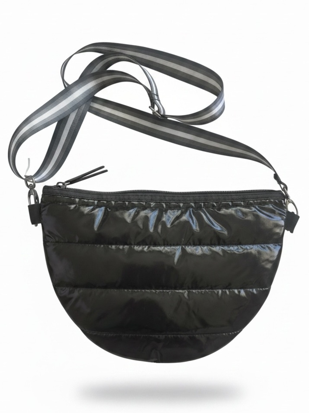 Haute Shore Black Puffer Black Crossbody Bag with Striped Strap